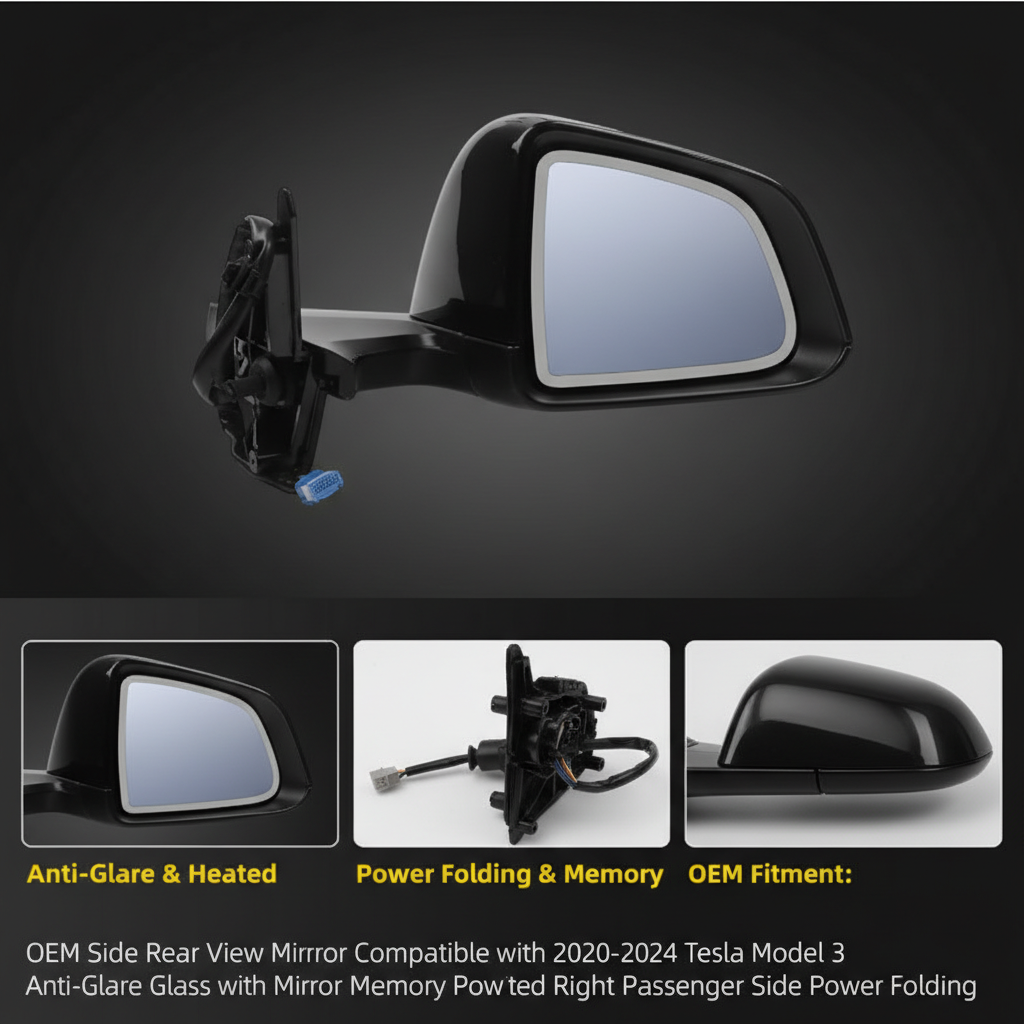 OEM Side Rear View Mirror Compatible with 2017-2023 Tesla Model 3 Anti-Glare Glass with Mirror Memory Power Heated Power Folding