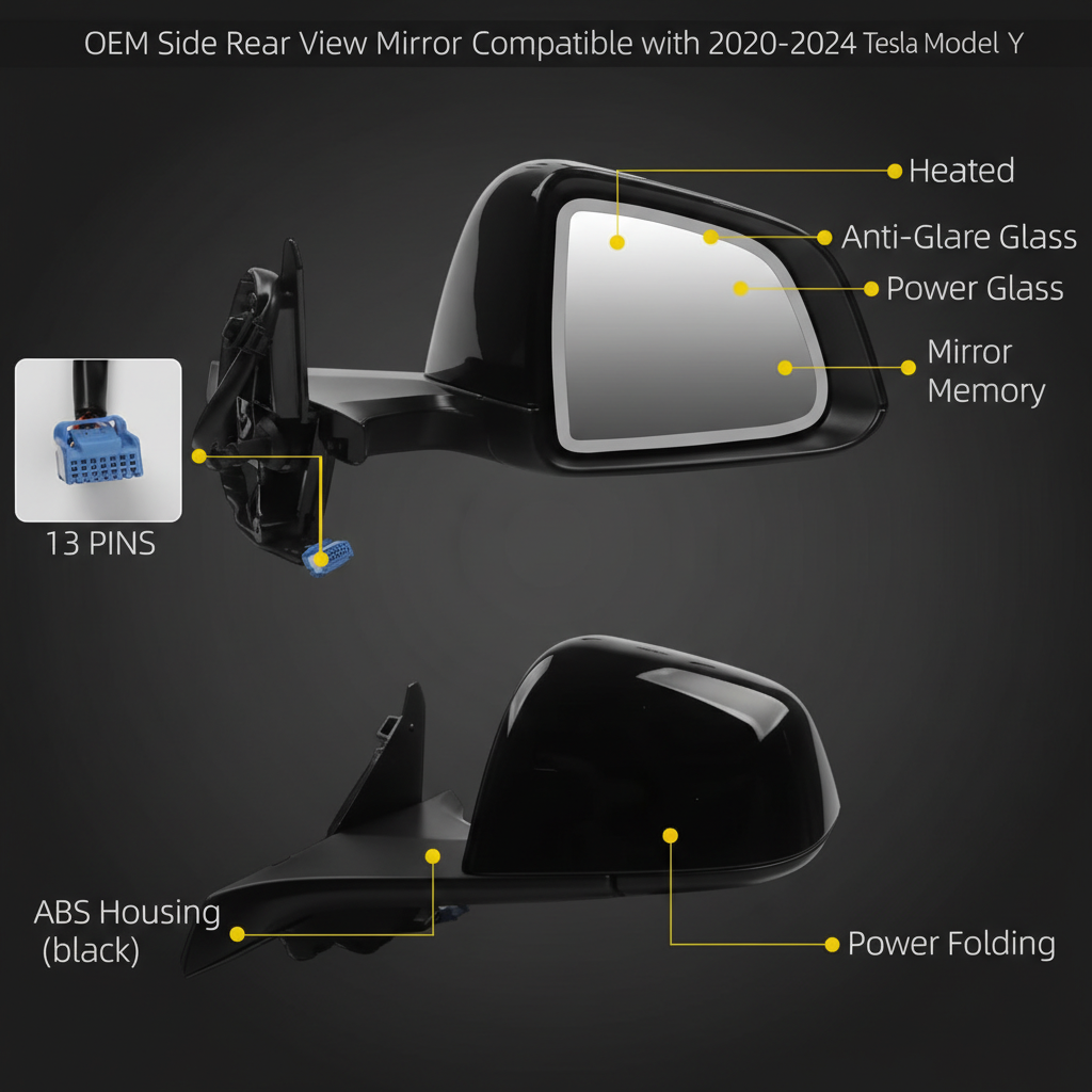 OEM Side Rear View Mirror Compatible with 2020-2023 Tesla Model Y Anti-Glare Glass with Mirror Memory Power Heated Power Folding