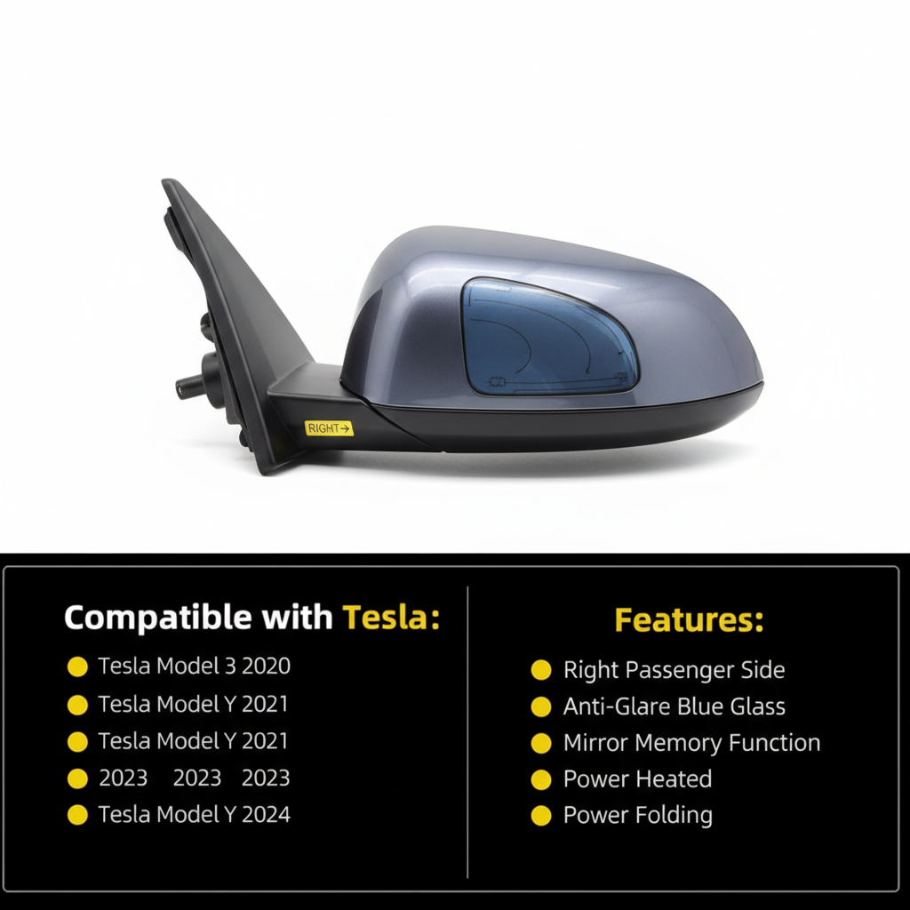 OEM Side Rear View Mirror Compatible with 2017-2023 Tesla Model 3 Anti-Glare Glass with Mirror Memory Power Heated Power Folding
