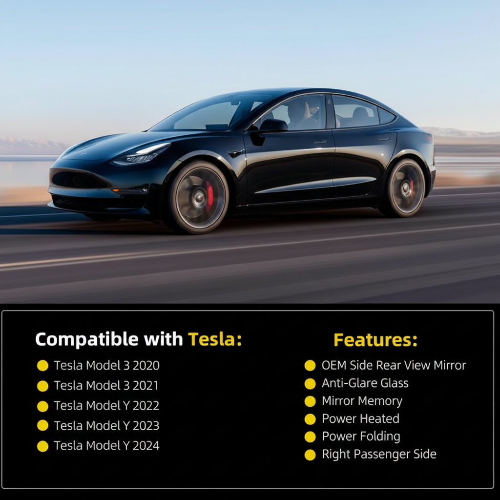 OEM Side Rear View Mirror Compatible with 2017-2023 Tesla Model 3 Anti-Glare Glass with Mirror Memory Power Heated Power Folding