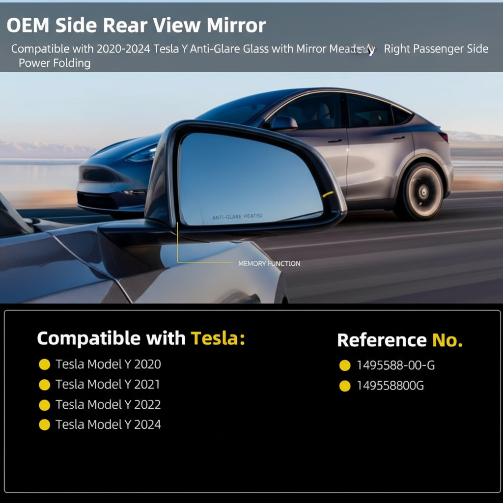 OEM Side Rear View Mirror Compatible with 2020-2023 Tesla Model Y Anti-Glare Glass with Mirror Memory Power Heated Power Folding